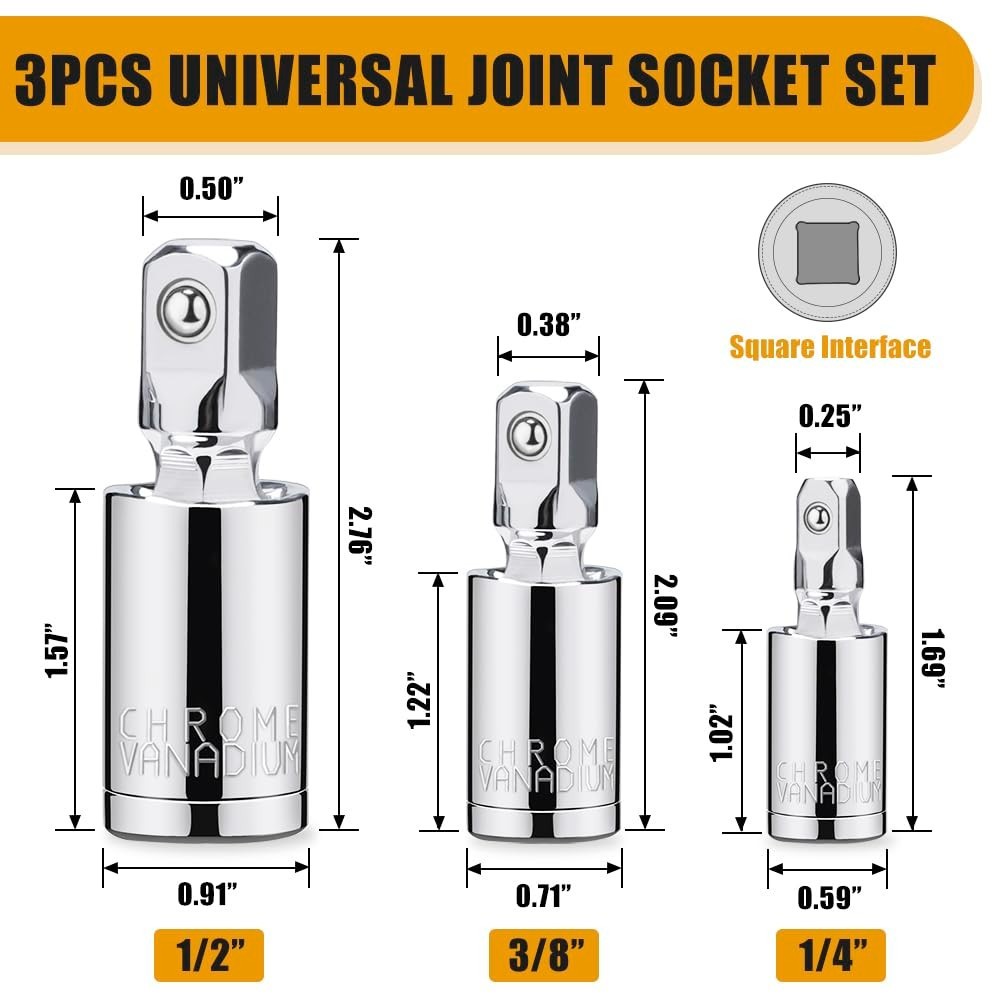 3PCS Impact Universal Joint Swivel Socket Adapter Set 1/4″ 3/8” 1/2″ Drive 360°