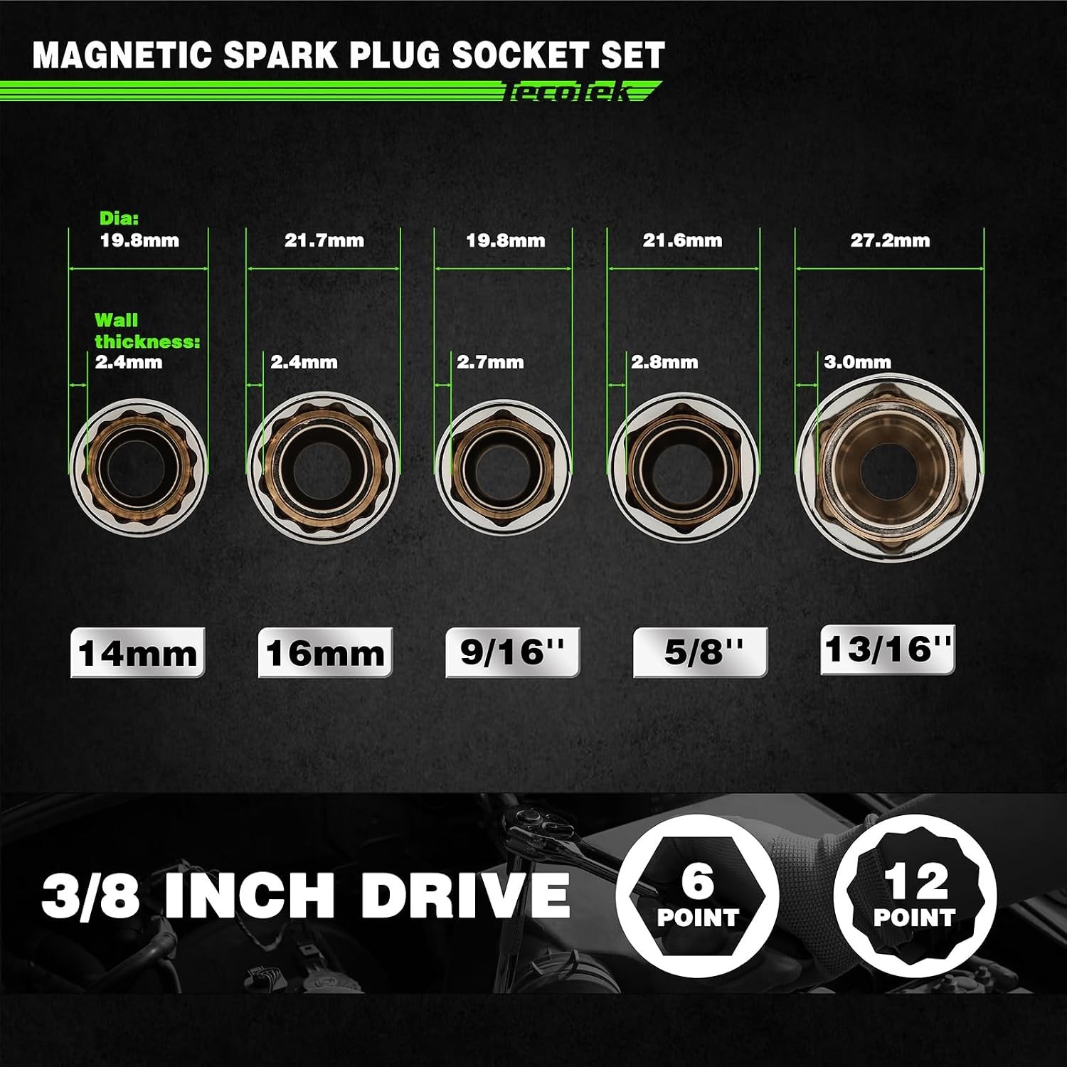 5 Piece 3/8-Inch Drive Magnetic Spark Plug Socket Set, Includes 14mm, 16mm Th…