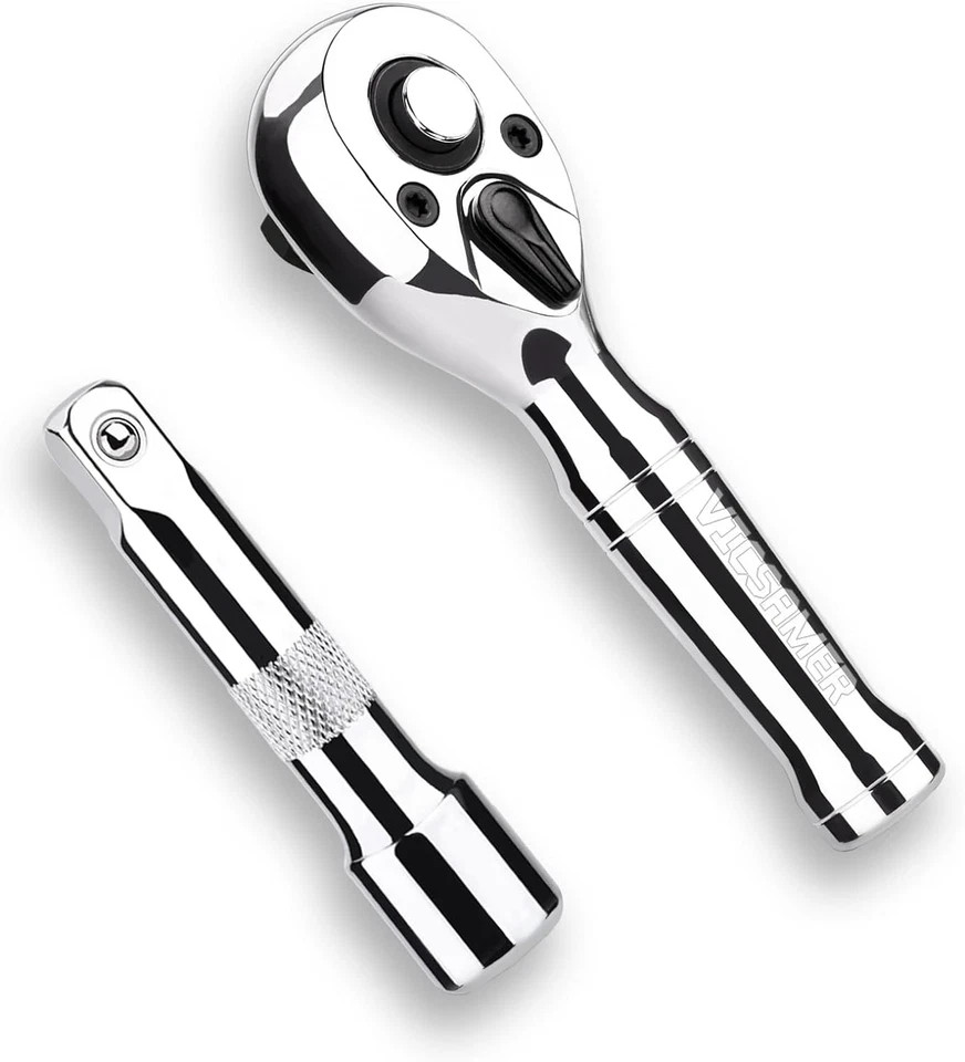 Stubby Ratchet Set- 3/8″ Drive Handle with a Extension Bars, Silver
