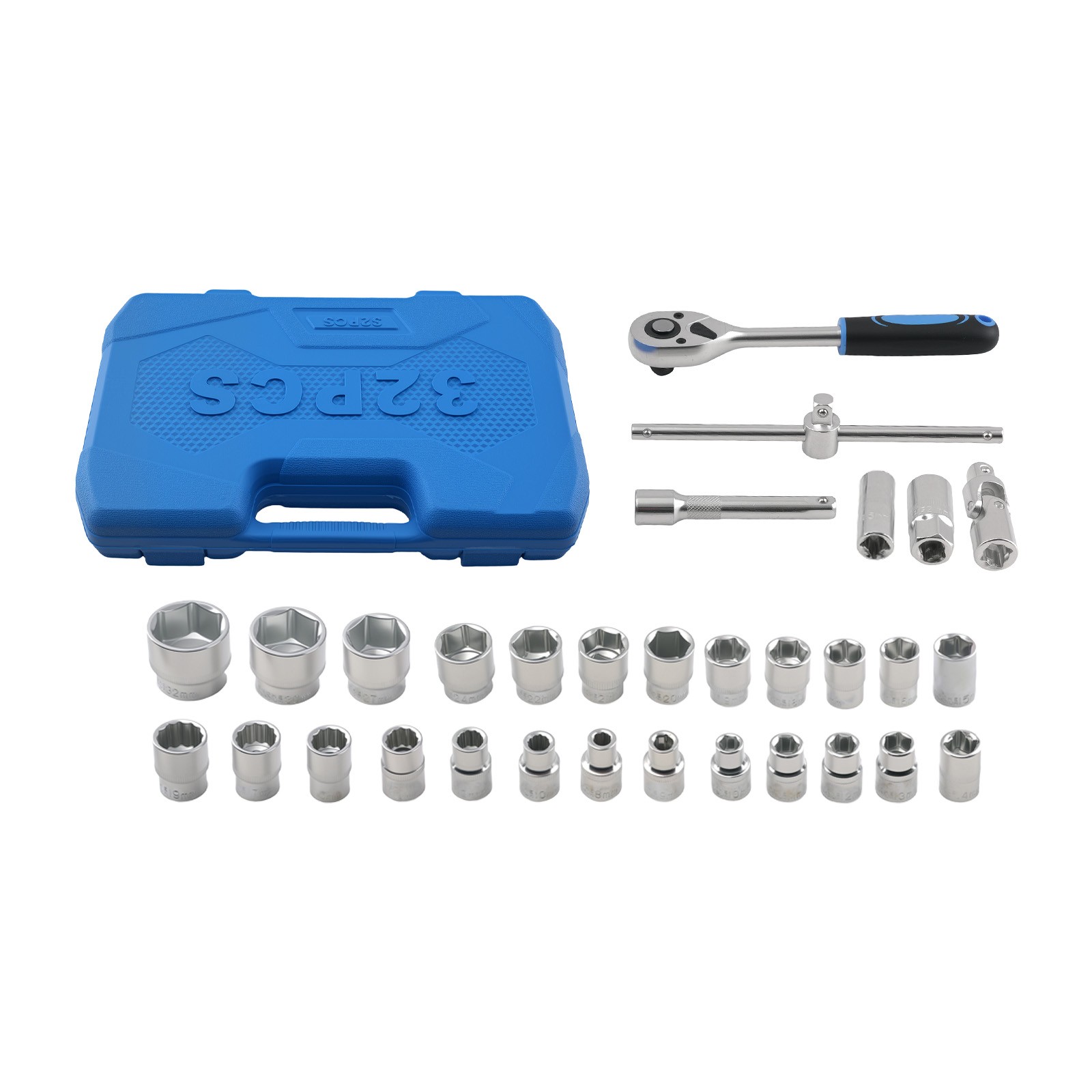 1/2″ Socket Set 32PCS 8-32mm Spark Plug 6-Point 12-Point Ratchet Handle Kit