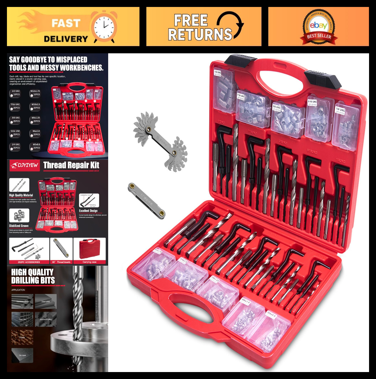 Metric & SAE Thread Repair Kit 262 Pc – M5 M6 M8 M10 M12 & 1/4″ to 1/2″ with Gau