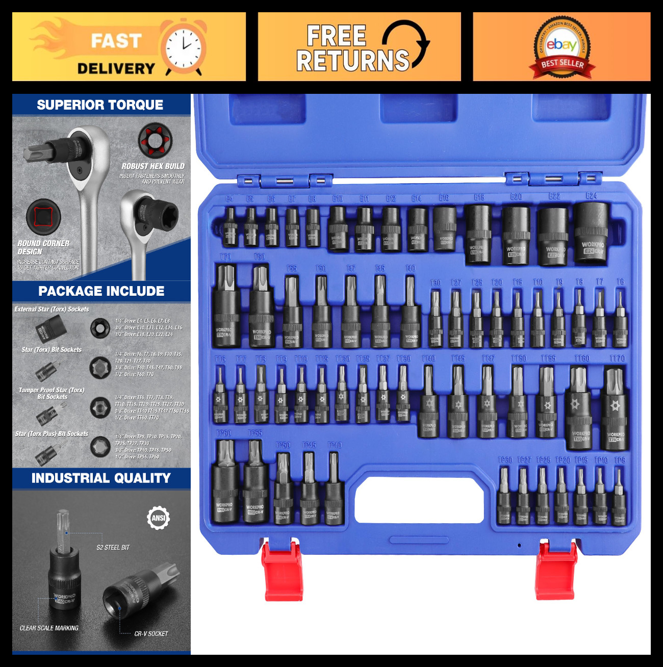 60-Piece Torx Bit Socket Set – 1/4″, 3/8″, 1/2″ Drive, E4-E24, T6-T70, CR-V & S2