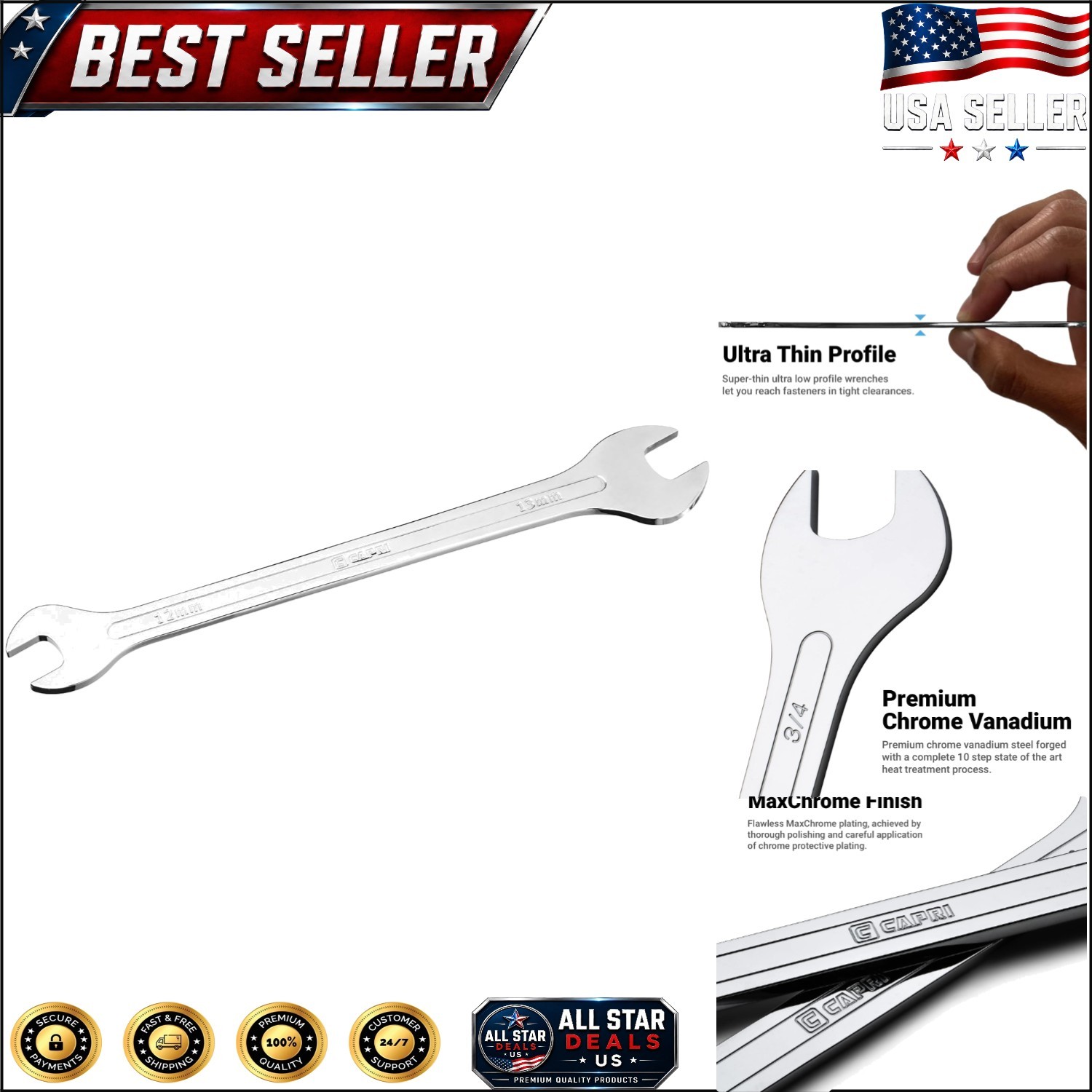Lightweight 12 mm x 13 mm Chrome Vanadium Super-Thin Wrench for Professionals