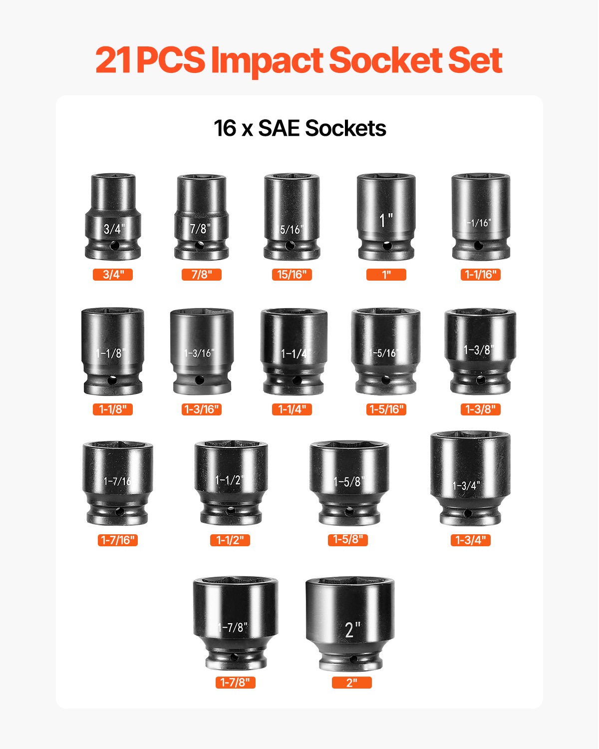 Uimoso 21-Piece SAE Impact Socket Set, Sizes 3/4 to 2 Inches