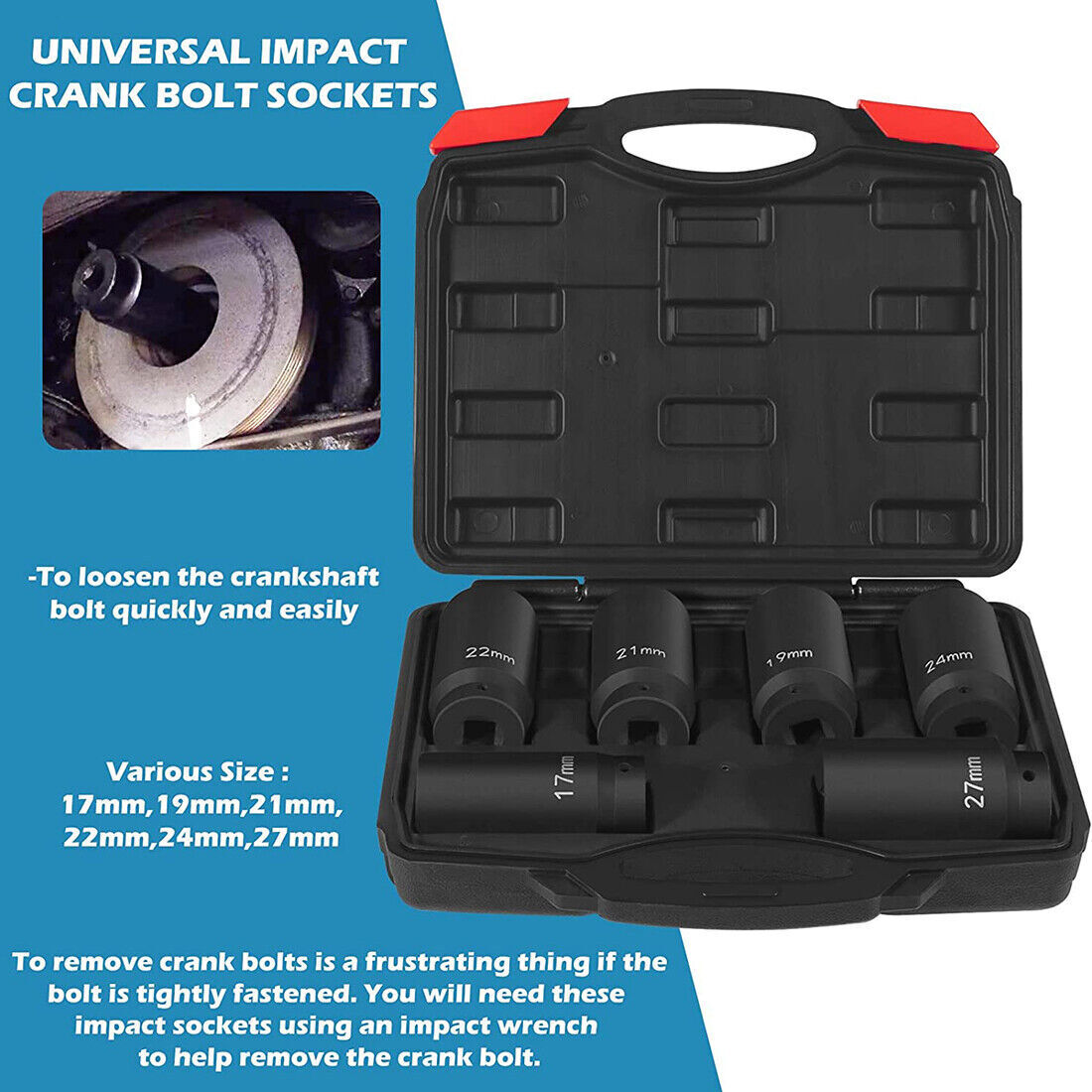 Crank Bolt Socket Set 17/19/21/22/24/27mm Harmonic Balancer Deep Impact Metric