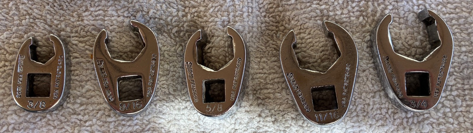 Lot of 5 SAE Snap-on Flare Nut Crowfoot Wrench set 3/8” Drive , 6-Pt USA. NICE !