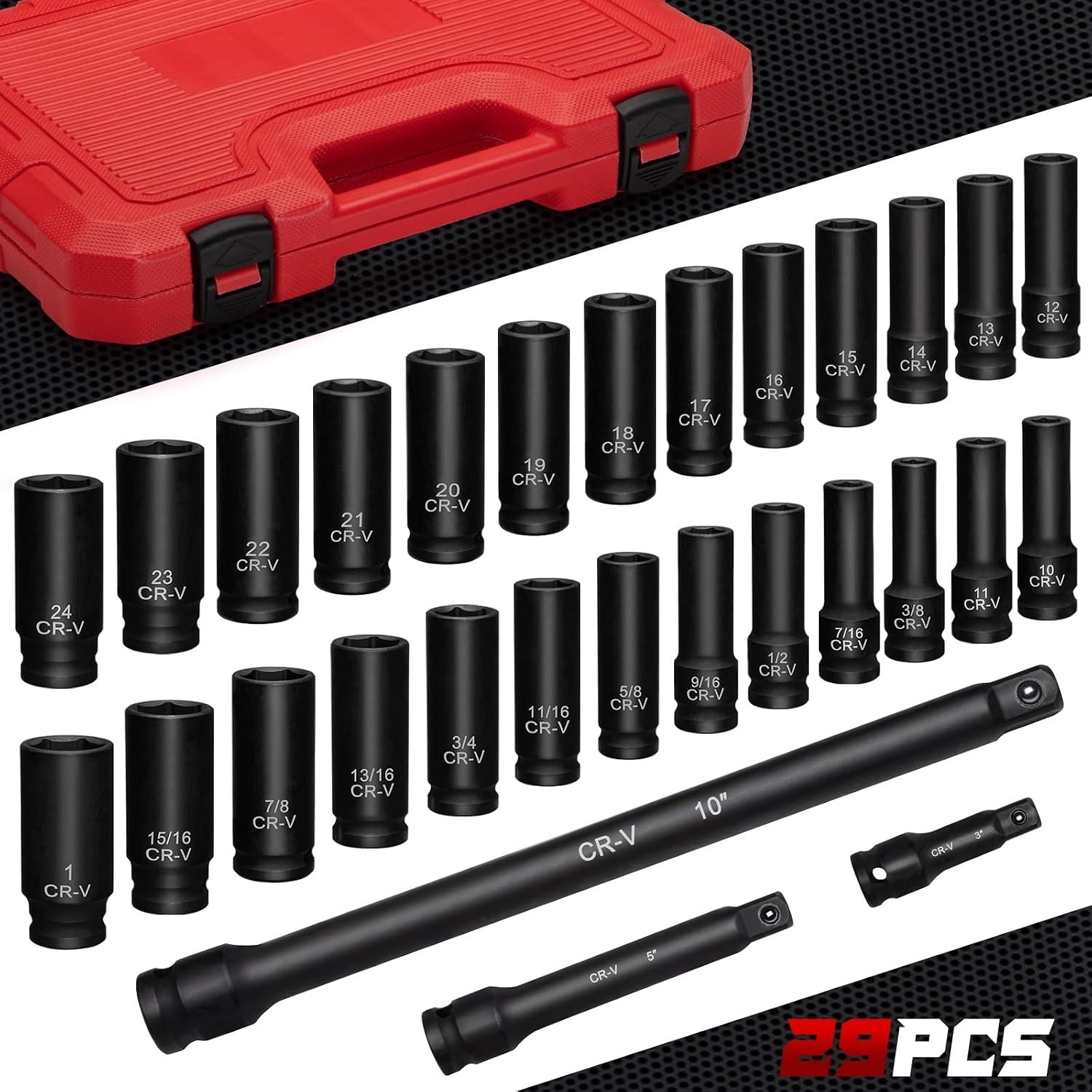 1/2″ Drive Impact Socket Set, 29-Piece, SAE & Metric Sizes Included