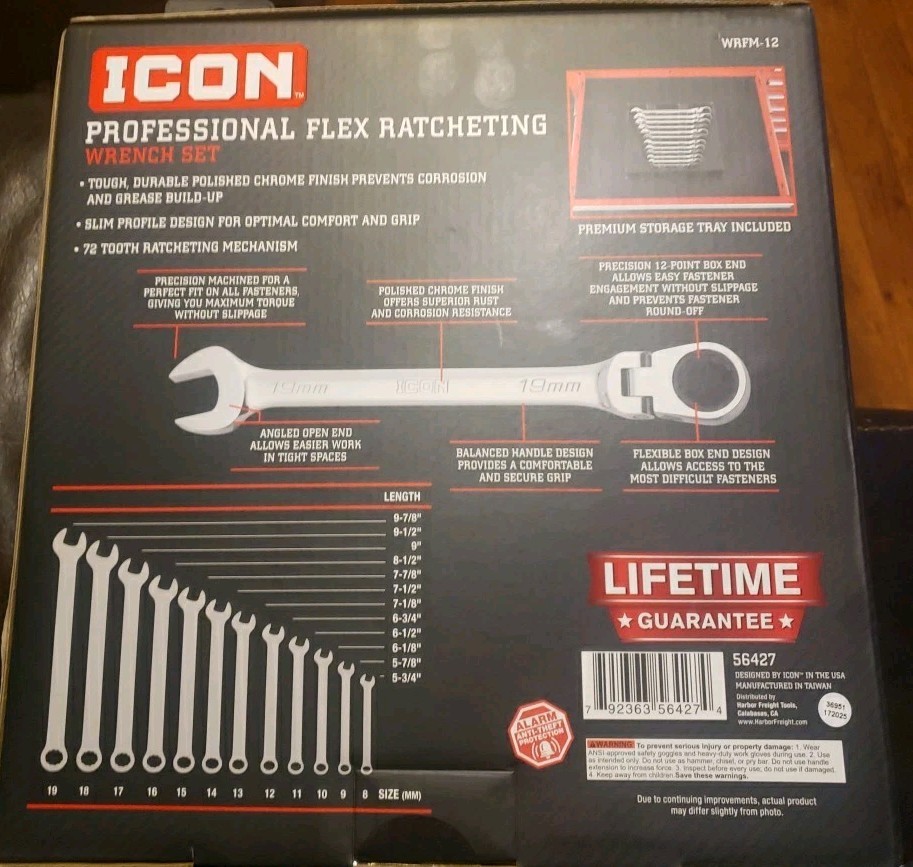 ICON Professional Flex-Head Ratcheting Combination Wrench 12-Pc 56427 WRFM-12