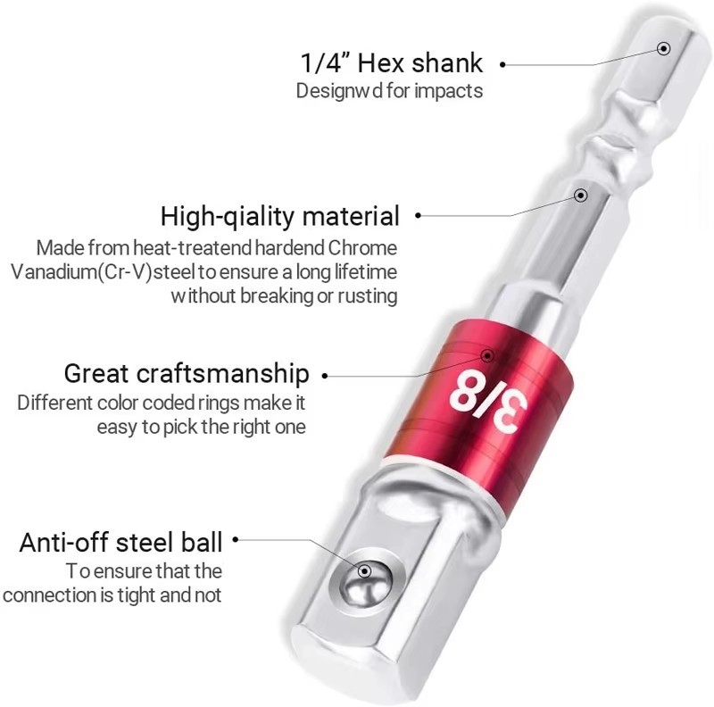 3PC 1/4″ HEX SHANK DRILL BIT TO 1/4 1/2 3/8 INCH SQUARE DRIVE SOCKET ADAPTOR SET