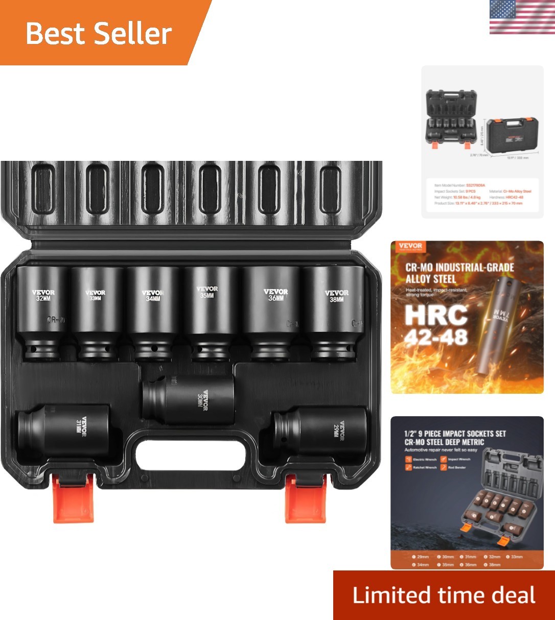 1/2″ Drive Impact Socket Set, 9 Piece Deep Socket Set Metric 29-38mm, 6 Point…