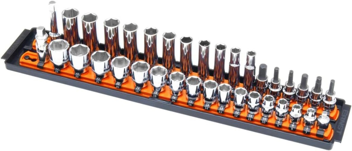 8486 Socket Boss, 2-Rail, 3/8 Inch-Drive Socket Organizer, 18-Inch, Orange –