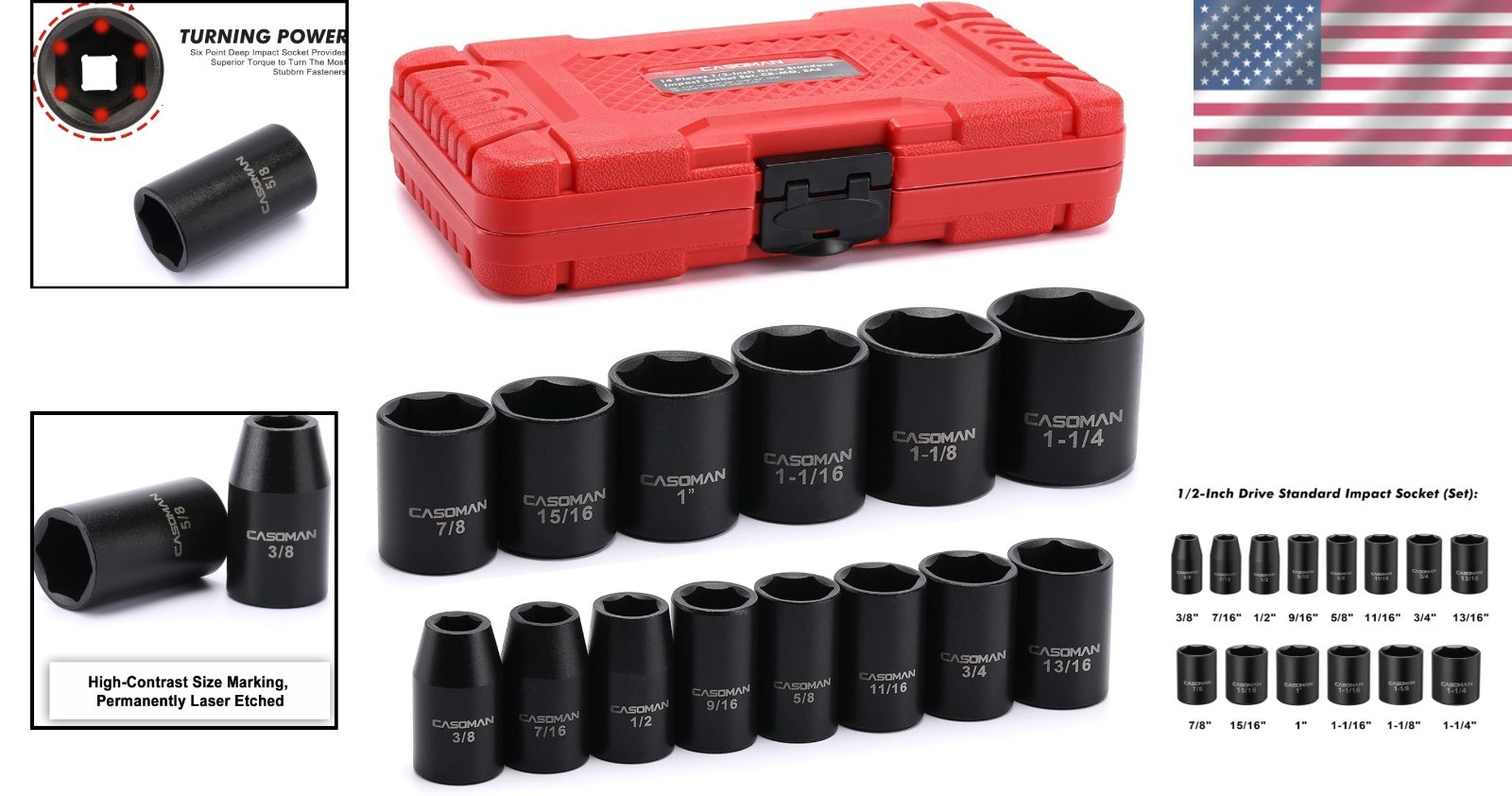 6-Point SAE Impact Socket Set, 14-Piece – 1/2-Inch Drive
