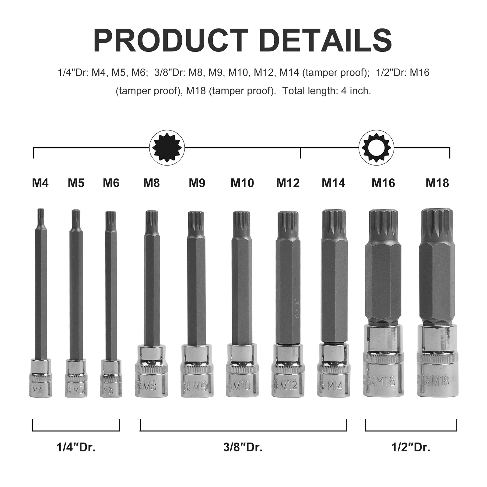 XZN Triple Square Long Spline Socket Bit Set 1/4″ 3/8″ 1/2″ Tamper Proof 10pc