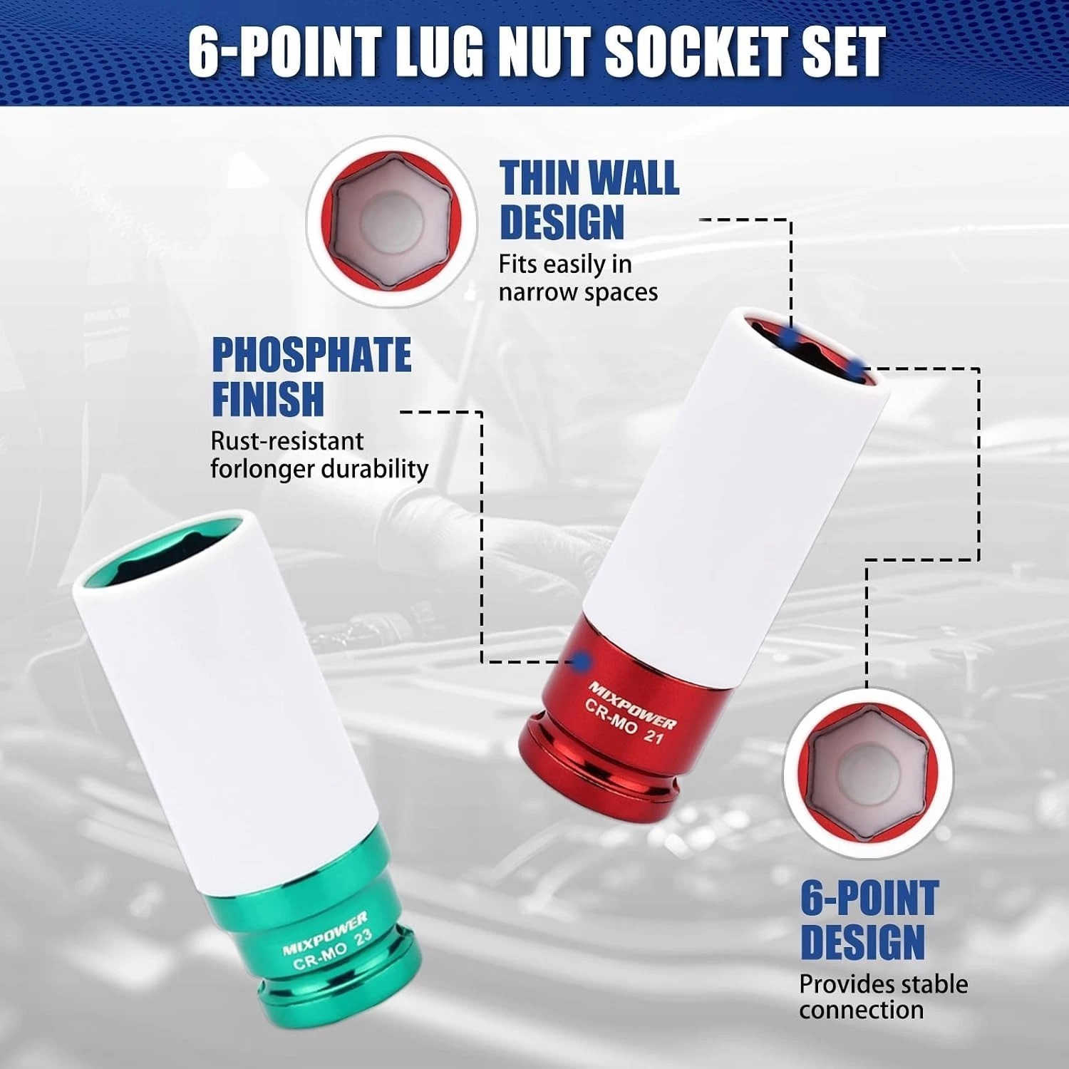 CR-MO 1/2″ Drive Wheel Protector Socket Set – 6 Point & Nylon Sleeve