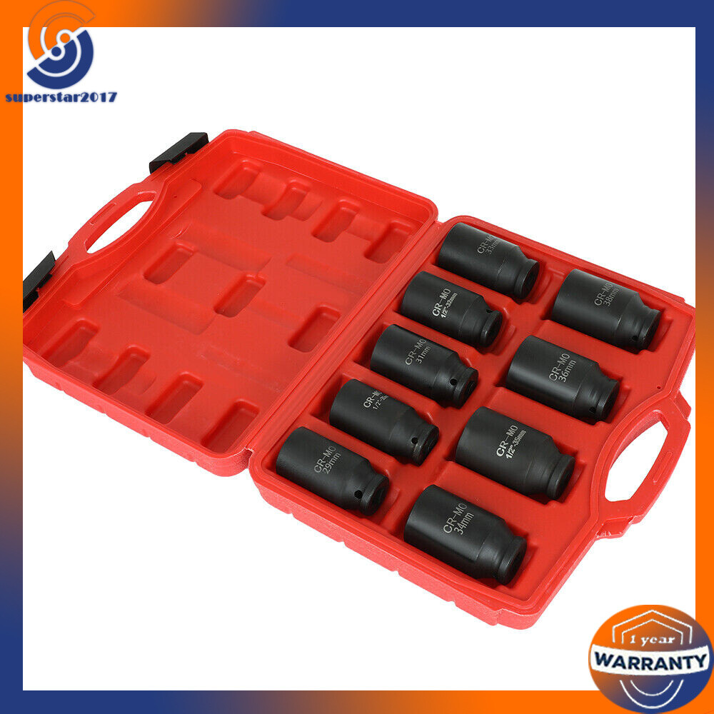 9Pcs Deep Impact Socket Set 1/2″Drive Metric Axle Hub Nut Socket 29-38mm 6-Point