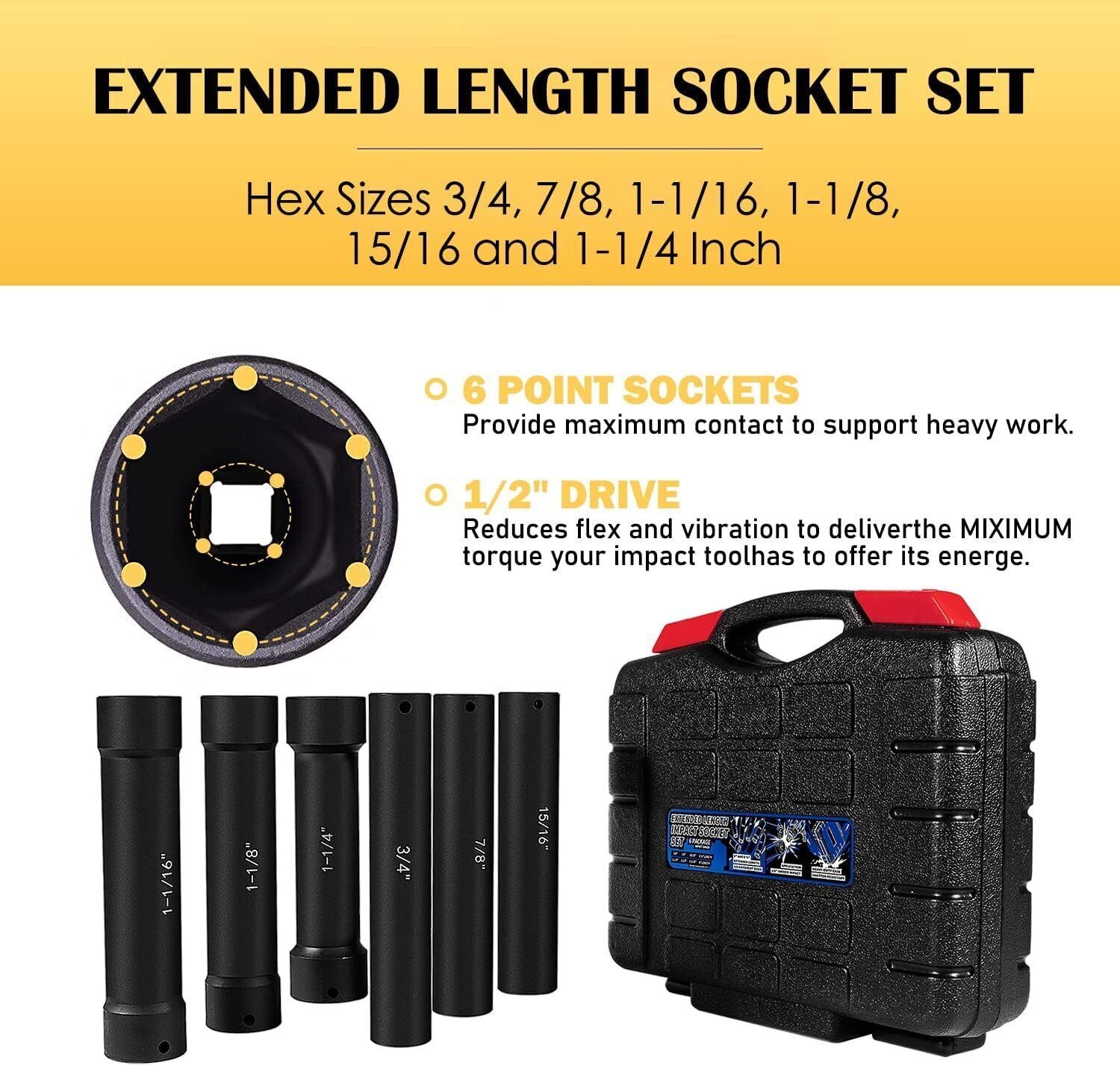 1/2 Inch Drive Heavy Duty Extended Length Extra-Deep Length Impact Socket Set