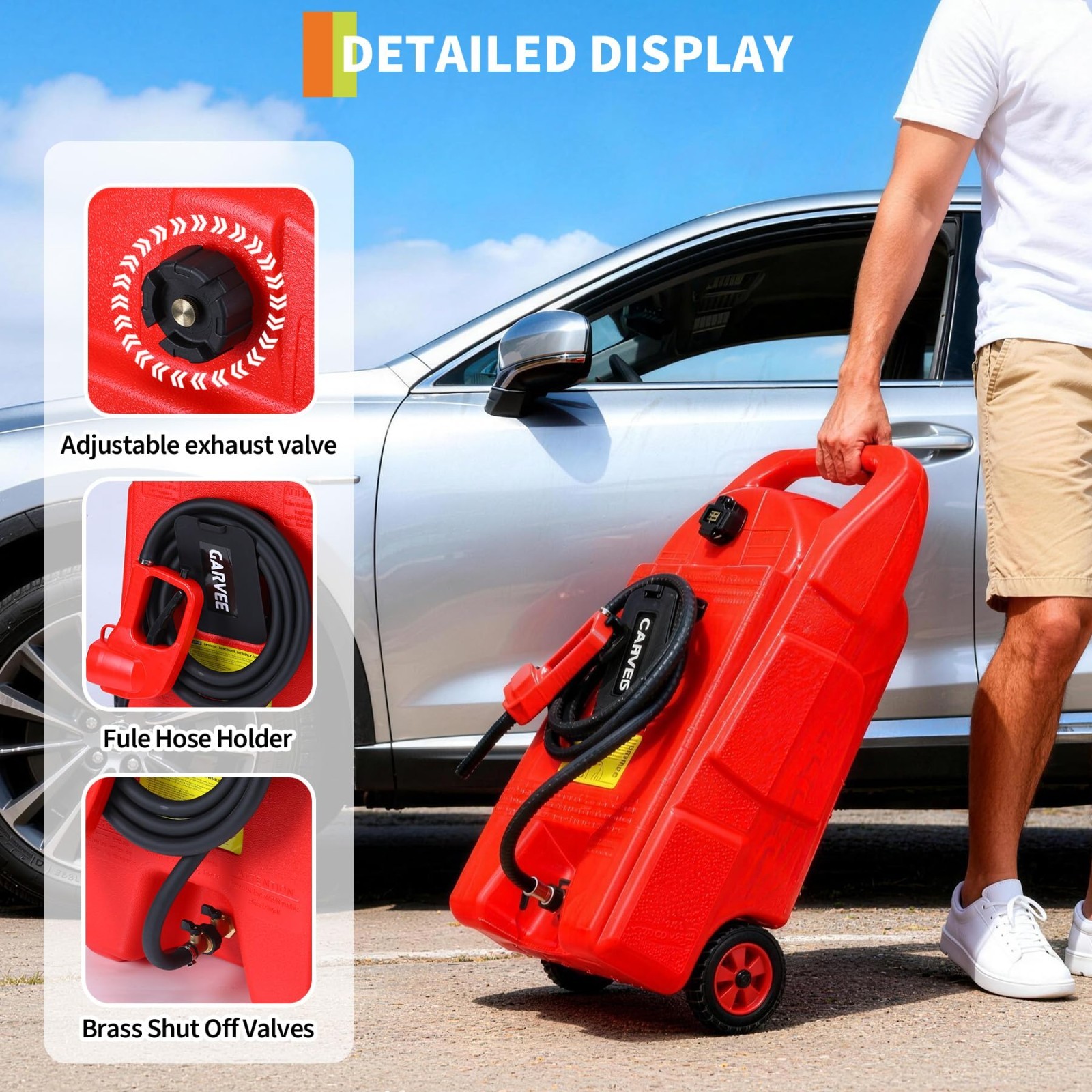 Portable Fuel Tank 15 Gallon with Pump Rubber Tires Gas Caddy Lawn Mower Tool