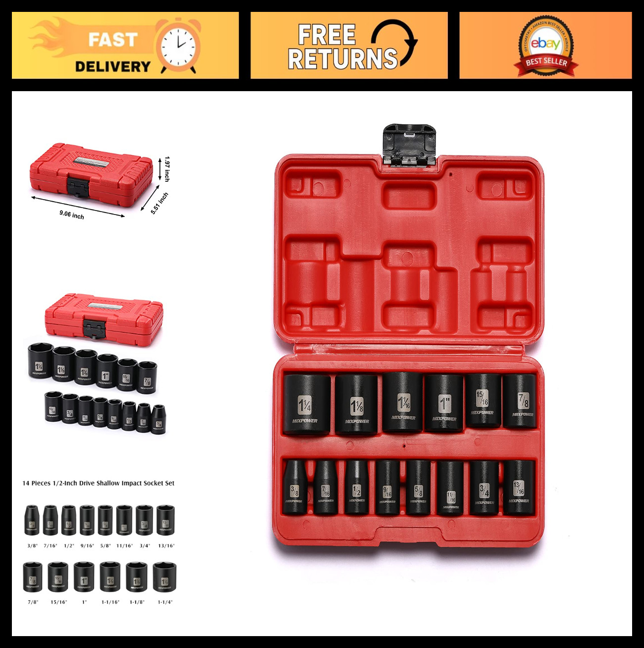 14-Piece 1/2″ Drive Shallow Impact Socket Set, SAE 6-Point, CR-V, 3/8″ to 1-1/4