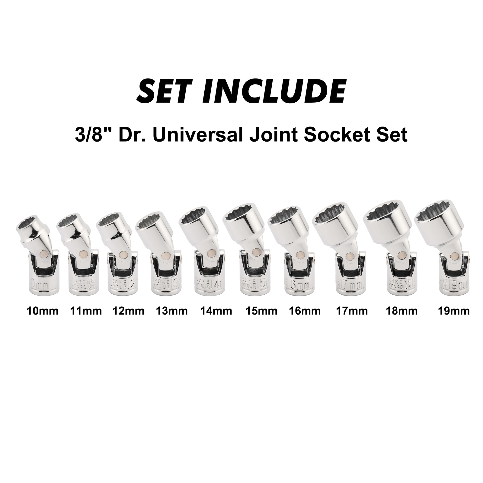 10 Piece Flex Socket Set 3/8 Inch Drive Universal Joint Metric Cr-V 12 point