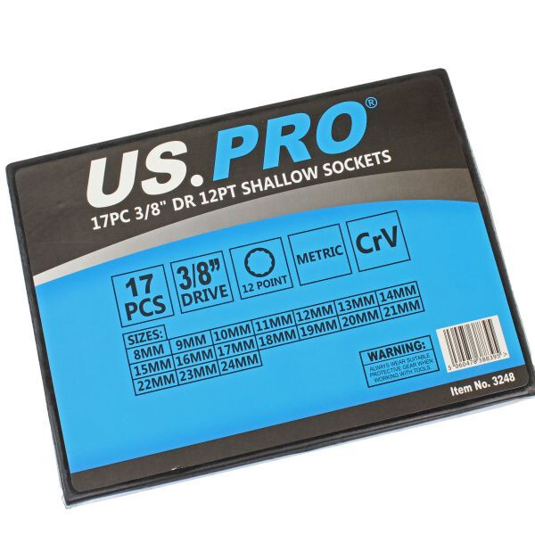 US PRO 17pc 3/8″ Drive Socket Set | 8–24mm 12PT Shallow Metric CR-V + EVA Tray