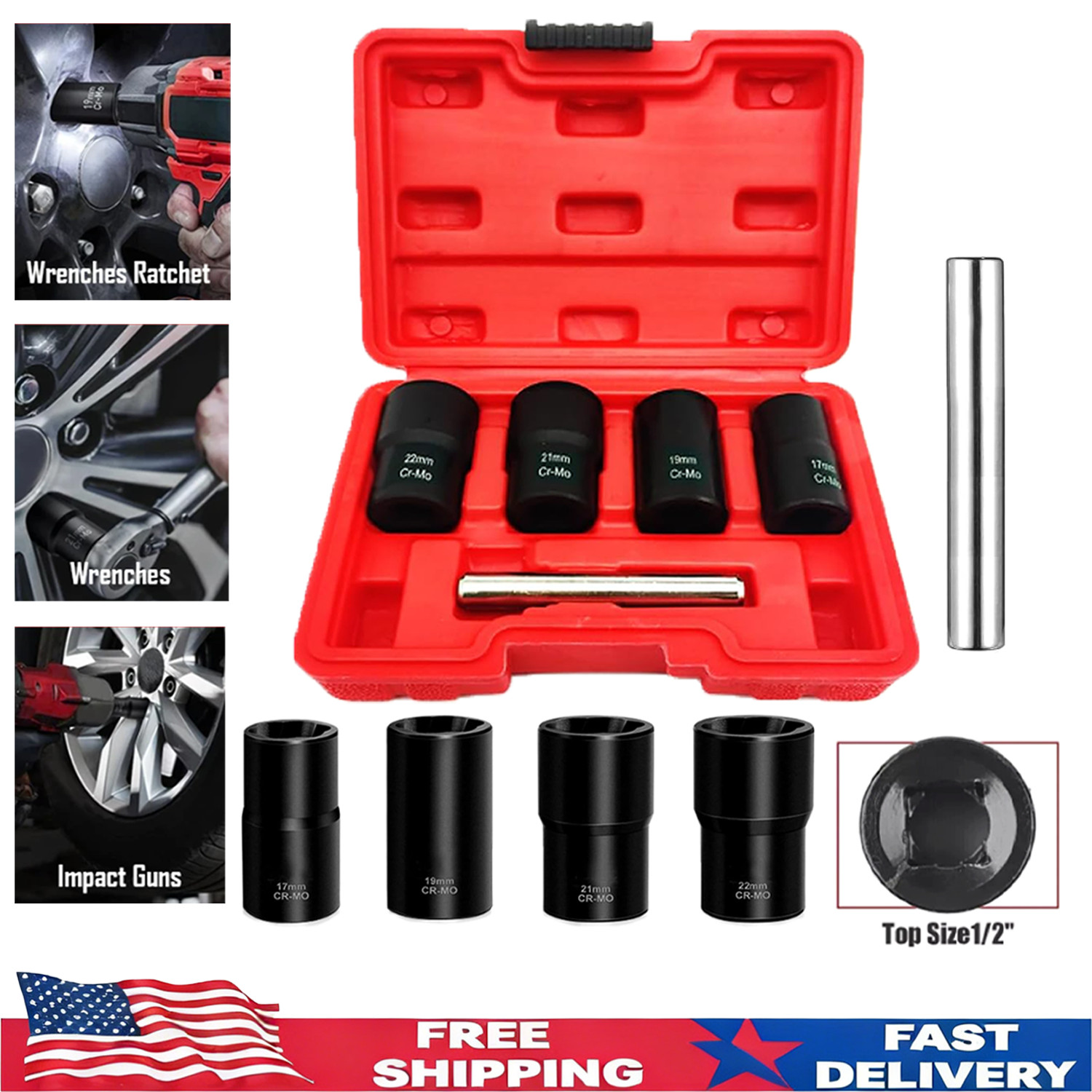 5Pc Twist Socket Set – 1/2″ Drive for Wheel Lock Nut Removal (17 19 21 22mm )