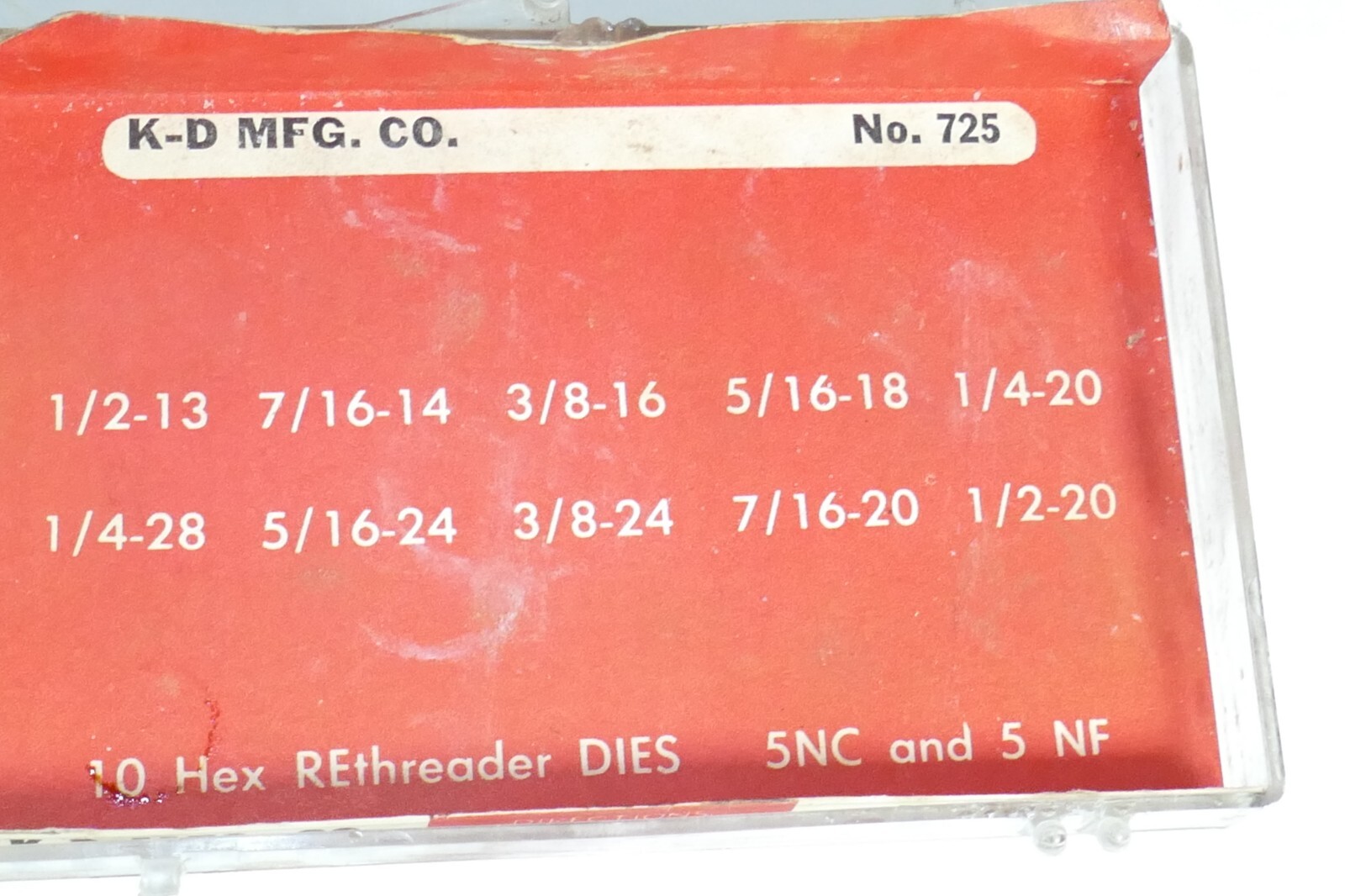 VINTAGE K-D MFG NO. 725, Hex Rethreader Die set Partial set of 9, one missing