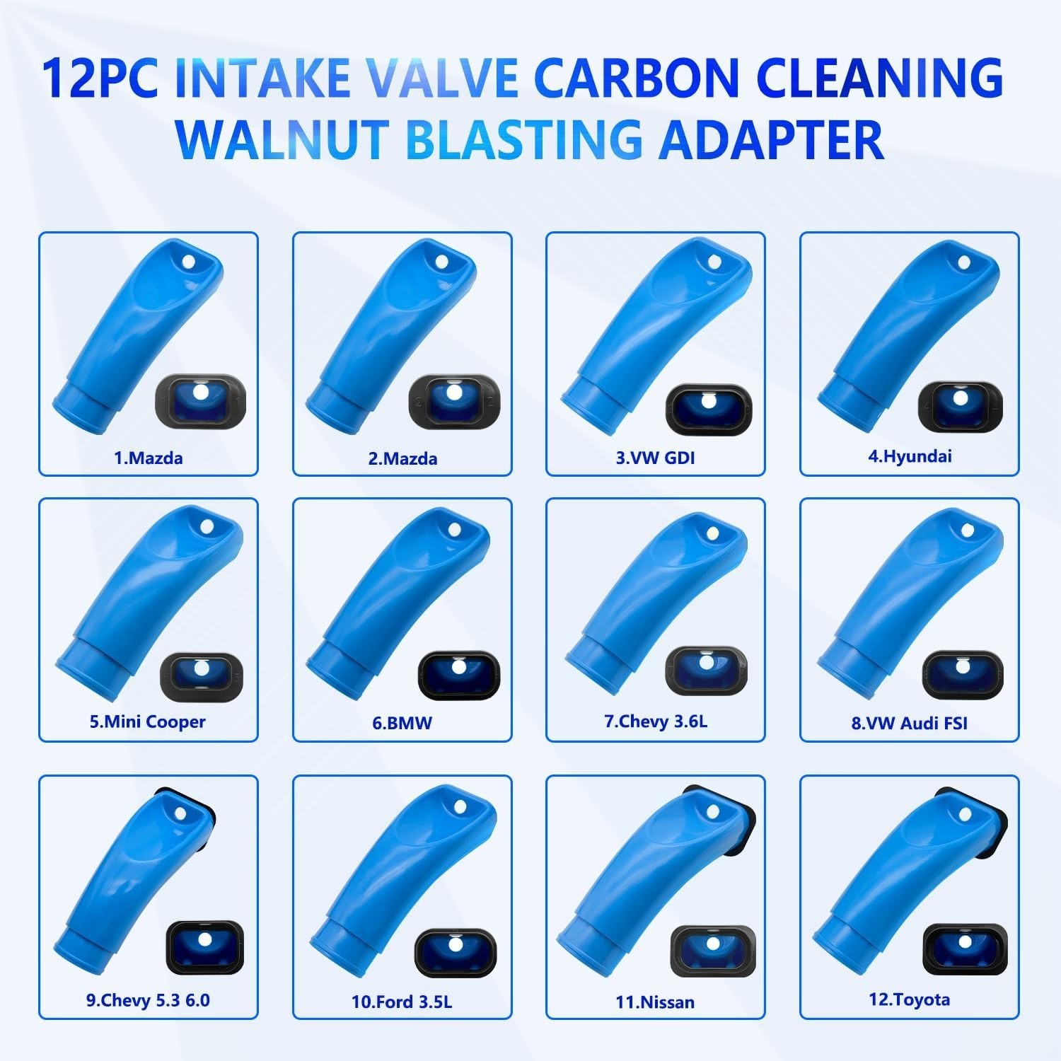 ZKTOOL 12PC Intake Valve Carbon Cleaning Walnut Blasting Adapter