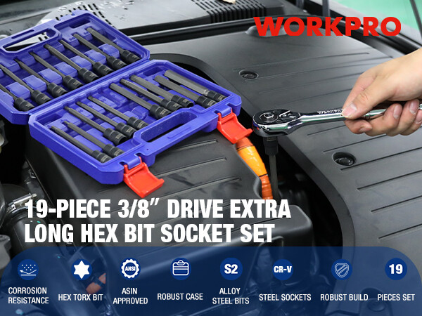 WORKPRO 19PC 3/8 Dr Extra Long Hex Bit Socket Set Long Allen Torx Bit Socket Set