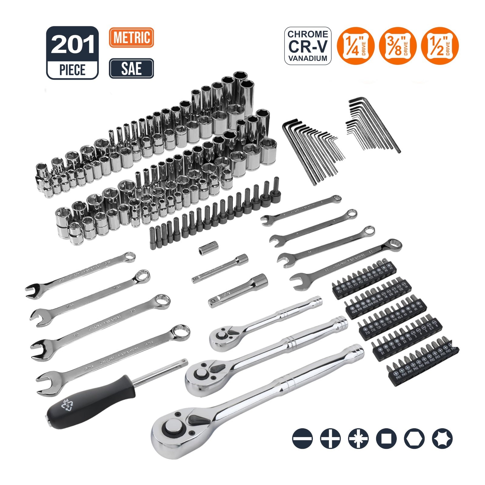 201-Piece Mechanic Socket Tool Set – SAE & Metric, Chrome-Vanadium Steel, Portab