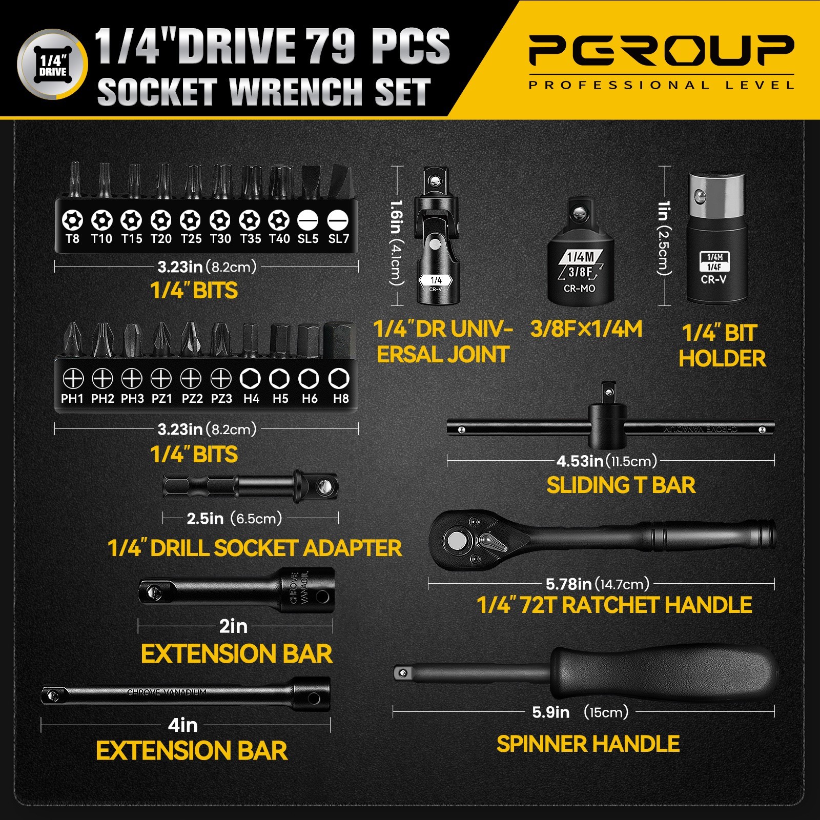 79 PCS 1/4» Drive Impact Socket Set, SAE(5/32- 9/16inch) & Metric(4-15mm) Size