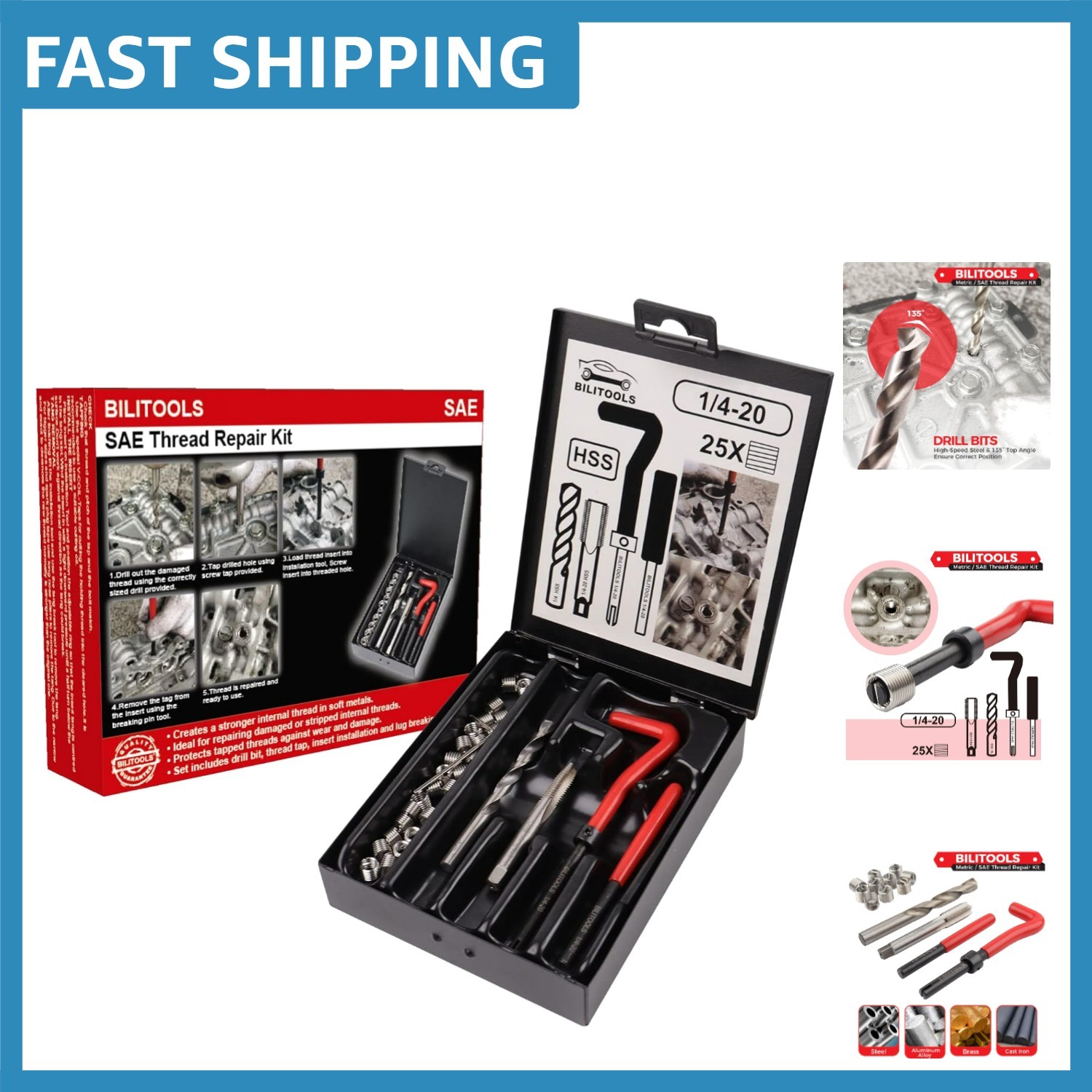 1/4-20 Inch Thread Repair Kit with HSS Drill and Stainless Inserts for Strength