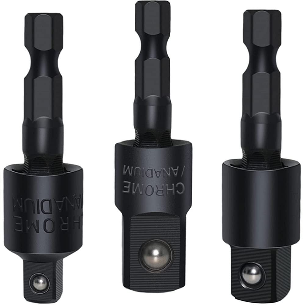 3PCS Wobble Socket Adapter Set 1/4 Hex Shank 1/4 3/8 1/2 Drive Ratchet Extension