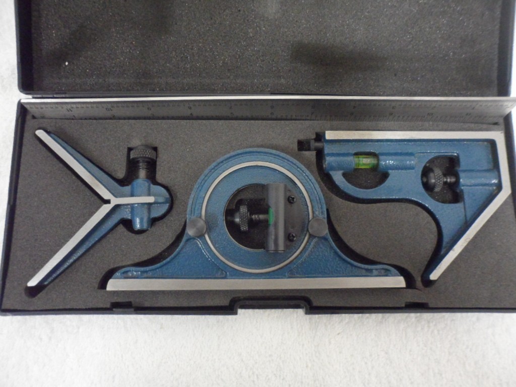 4 Piece Square Set Machinist Combination 12″ Rule Square, Center Protractor,Case