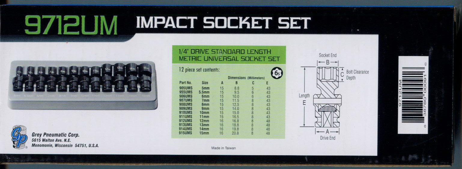 Grey Pneumatic (9712UM) 12 Pcs 1/4″ Drive Metric Impact Universal Set 5MM-15MM