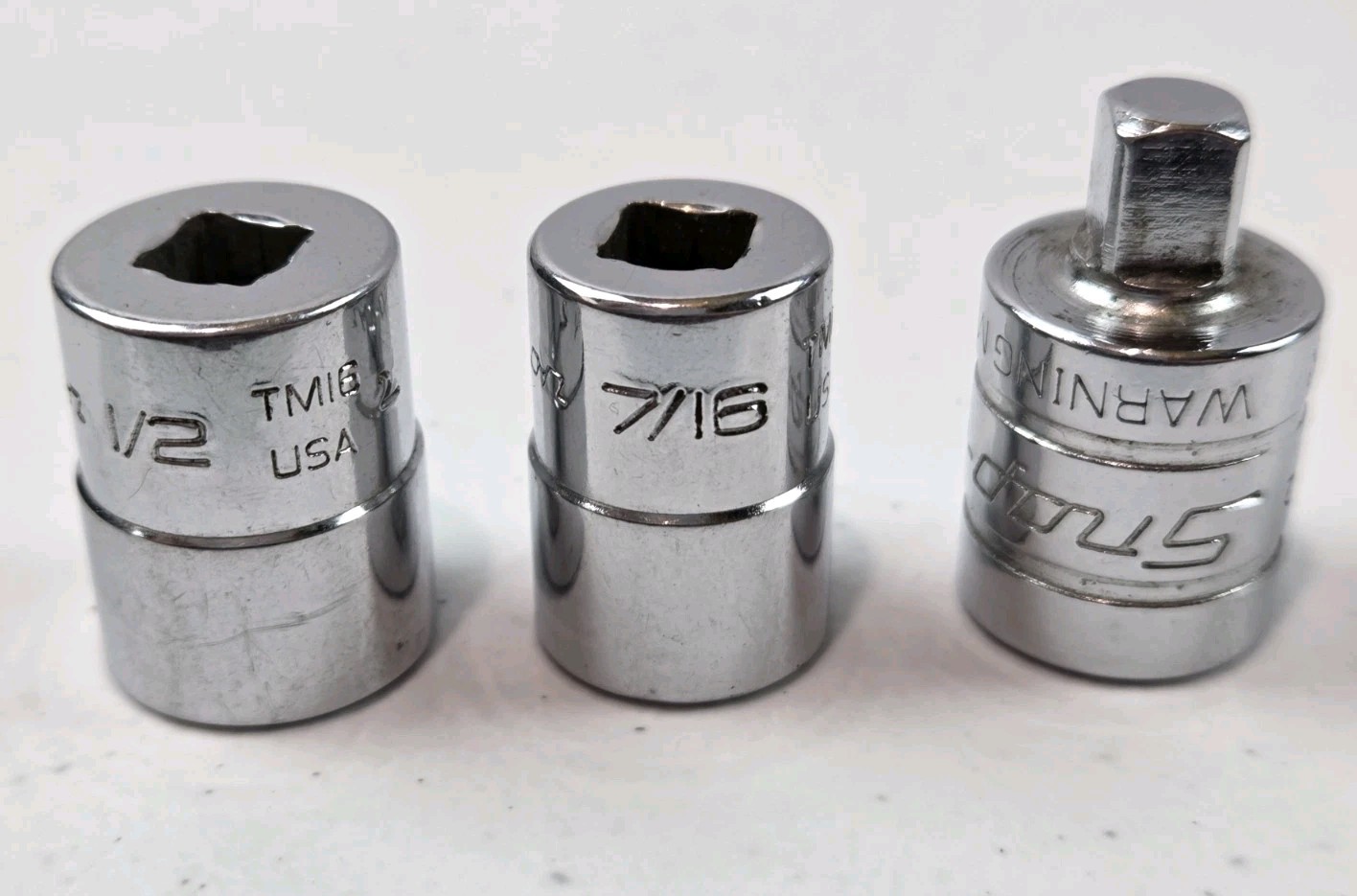 Snap On (3) Pc. Socket Lot, 1/4″ Drive: 7/16 & 1/2, 3/8″ Drive To 1/4″ Reducer