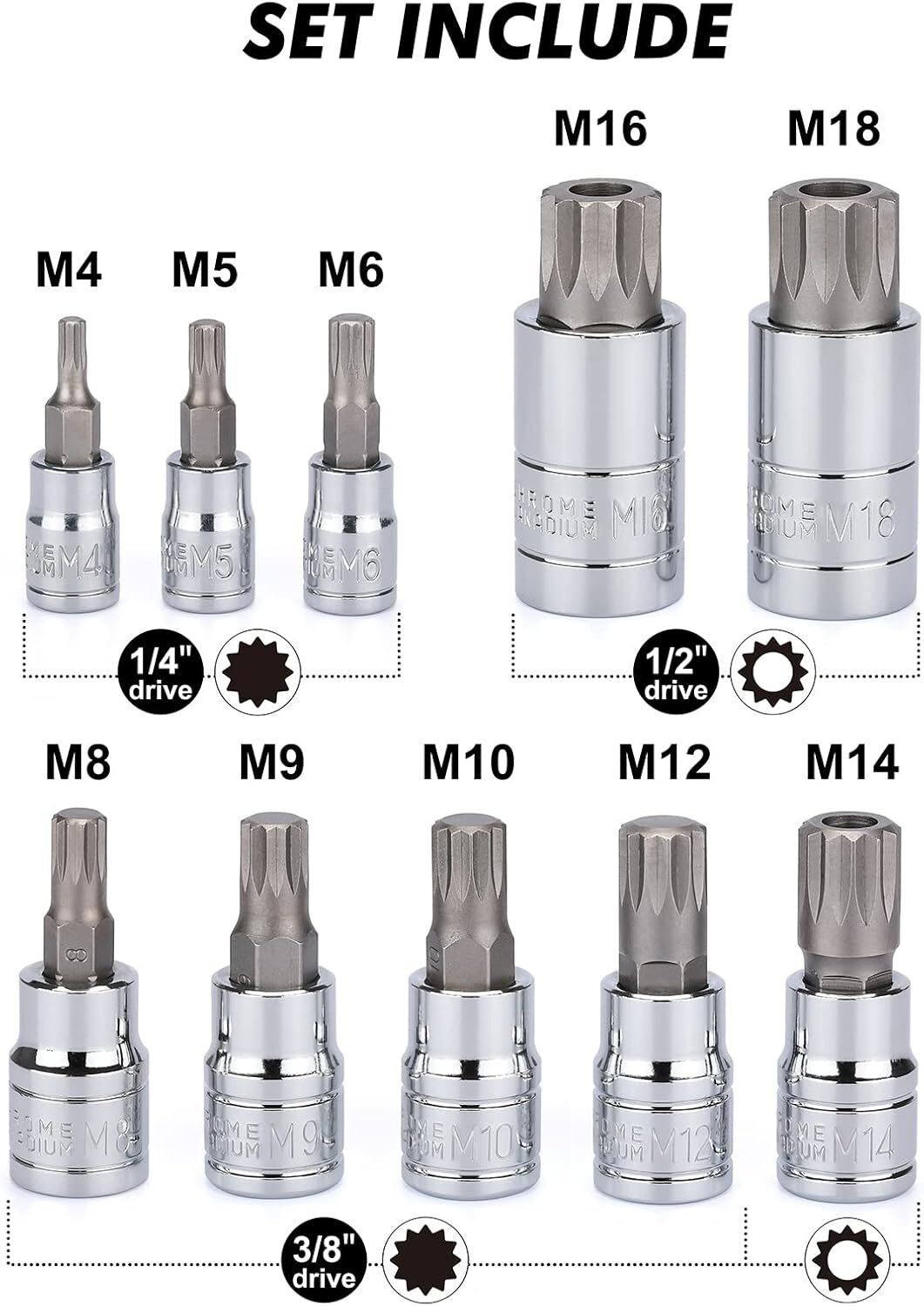 10PCS XZN Triple Square 12 Point Spline Bit Socket Set 4MM – 18MM S2 Steel Bits