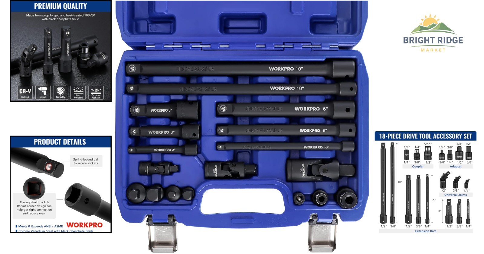 Complete Socket Extension Set with Universal Joints and Drive Tool Accessories