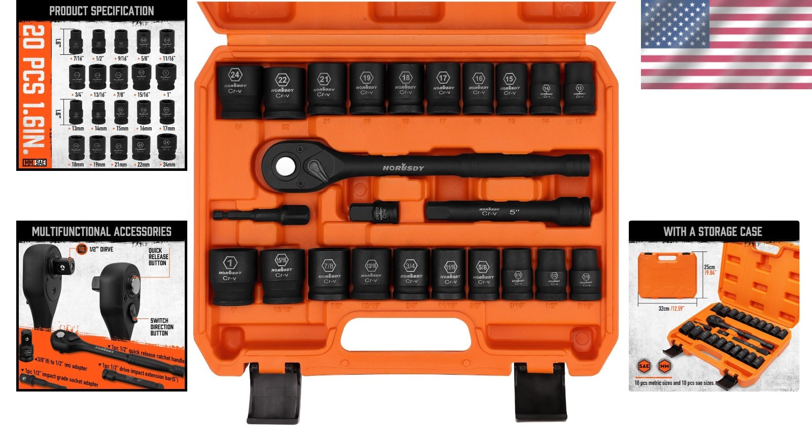 High-Quality 24-Piece 1/2-Inch Drive Impact Socket Set – Chrome Vanadium Steel