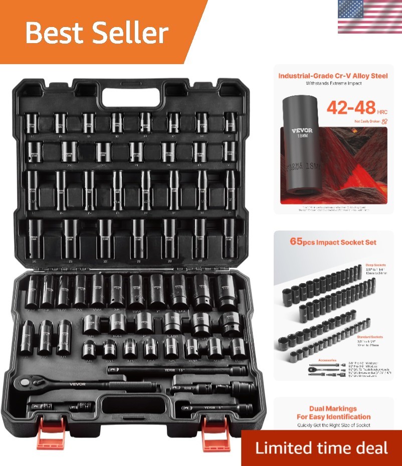 1/2″ Drive Impact Socket Set, 65 Piece Socket Set SAE 3/8″ to 1-1/4″ and Metr…