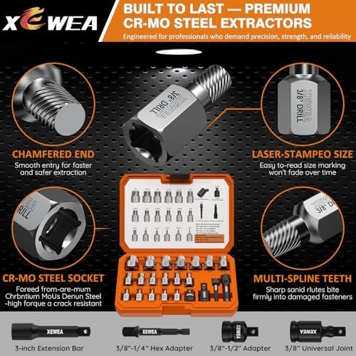 22 Piece 3/8 Drive Screw Extractor Set Stripped Bolt Remover Kit CR-MO with