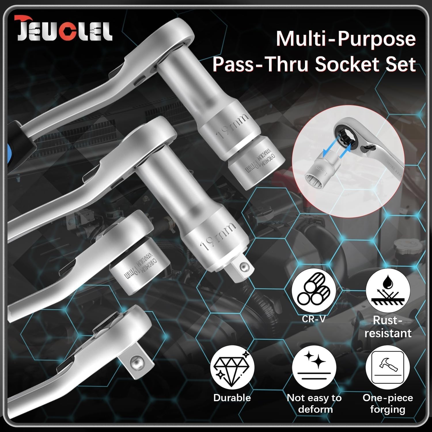 17PCS Metric Pass Through Socket Set – Chrome Vanadium, Deep Wrench Adaptor, Low