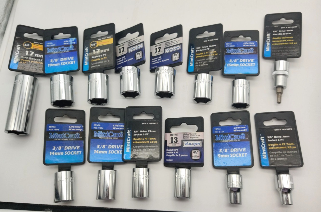 14pc Assorted Lot of 3/8″ Drive Sockets, Metric Deep Well, Regular and Hex Bit