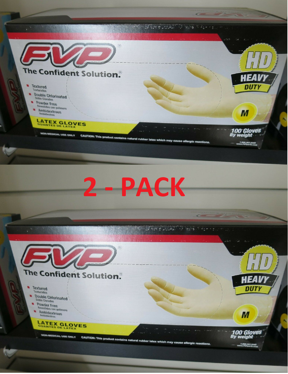 2 PACK – FVP Latex Gloves Med Textured Double Chlorinated Powder Free Heavy Duty