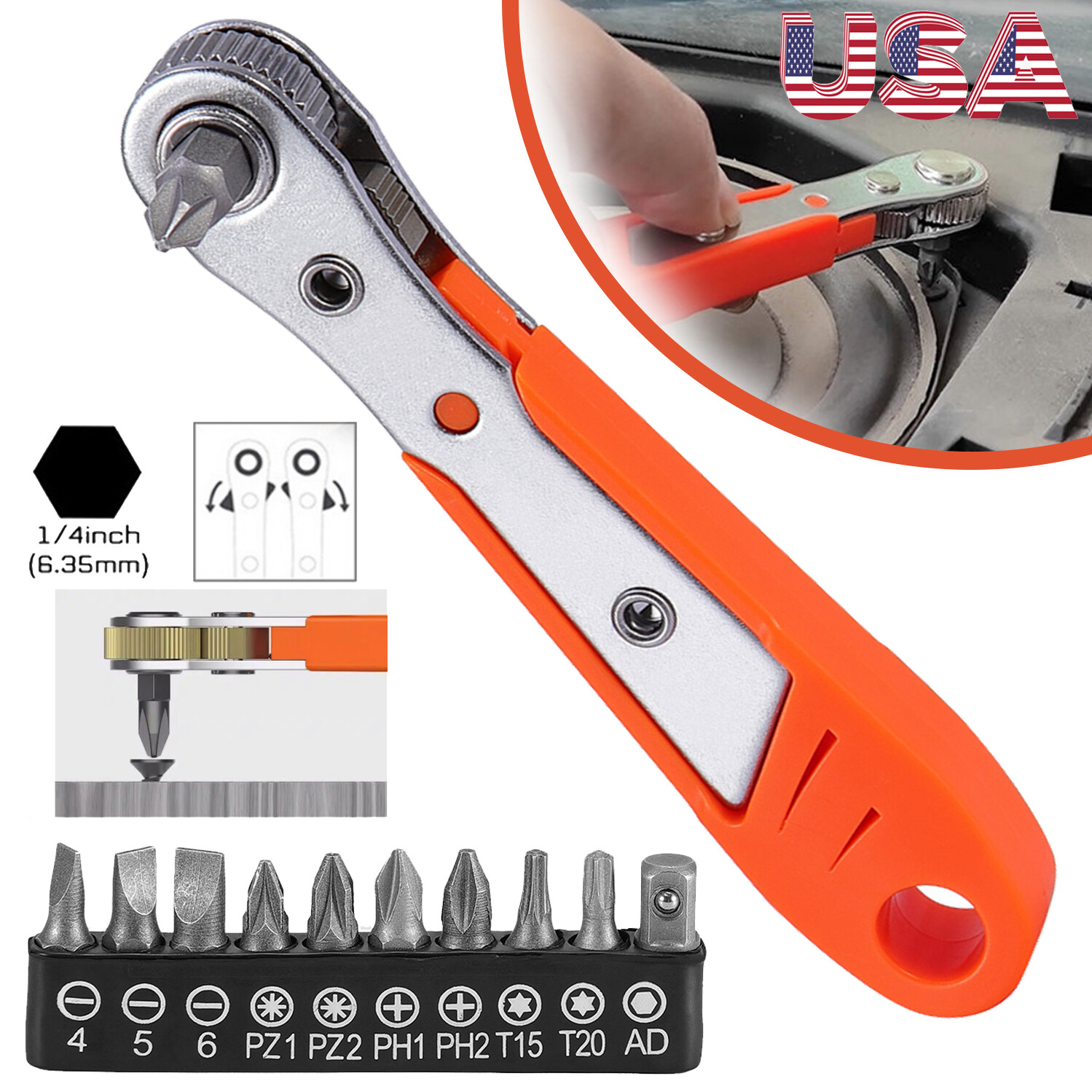 Ratcheting Right Angle Screwdriver Hex Drive 90 Degree Offset + 10pc Bits Set US