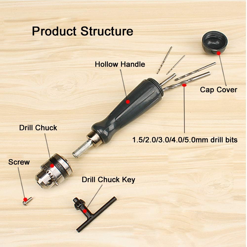 Hand Drill Bits Set 7 in 1 Manual Tool Pin Vises with Chuck Key & 5pcs Twist Dri