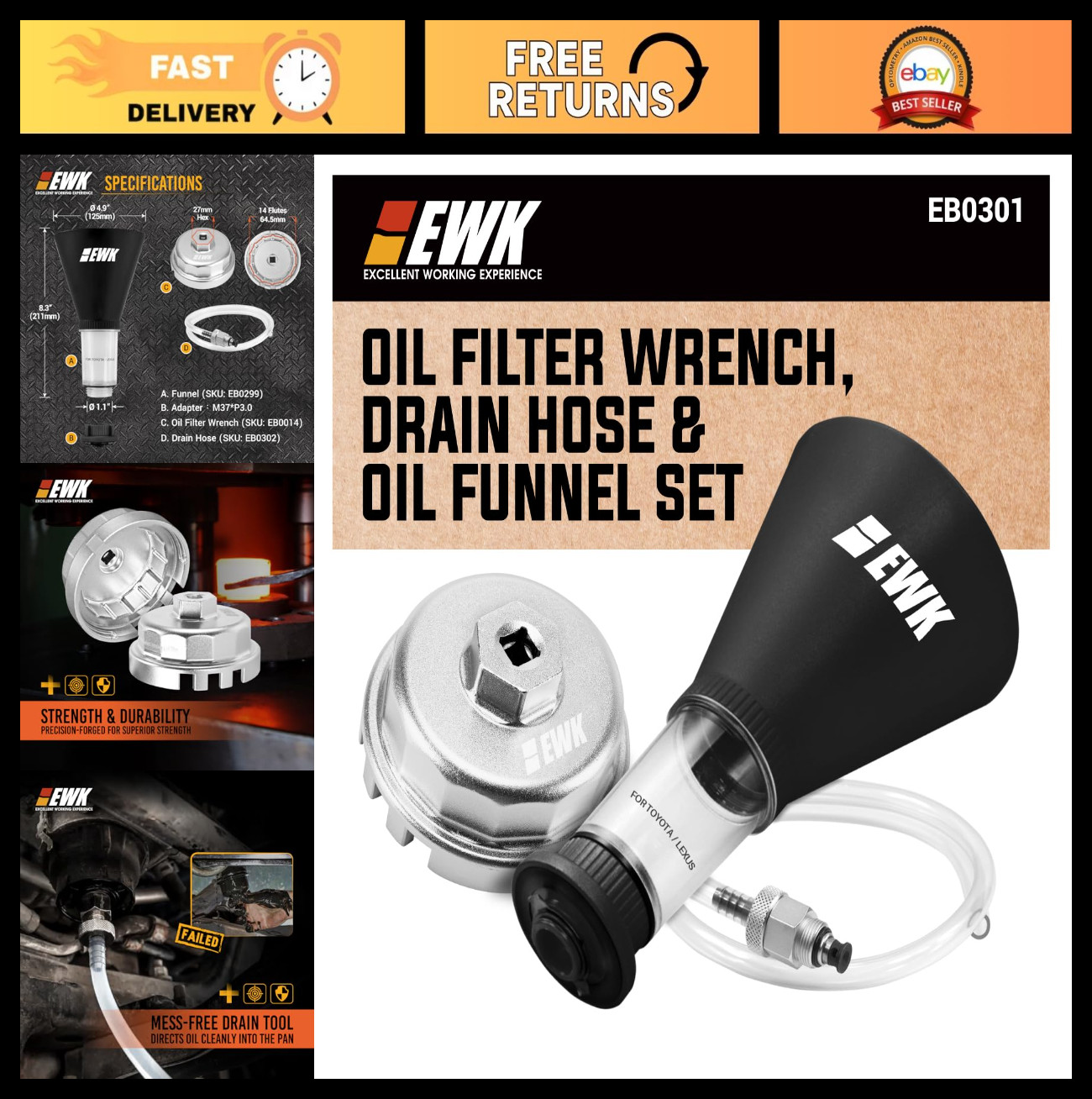 64mm Oil Filter Wrench Set with Drain Hose & Funnel – No-Mess Aluminum Kit for T