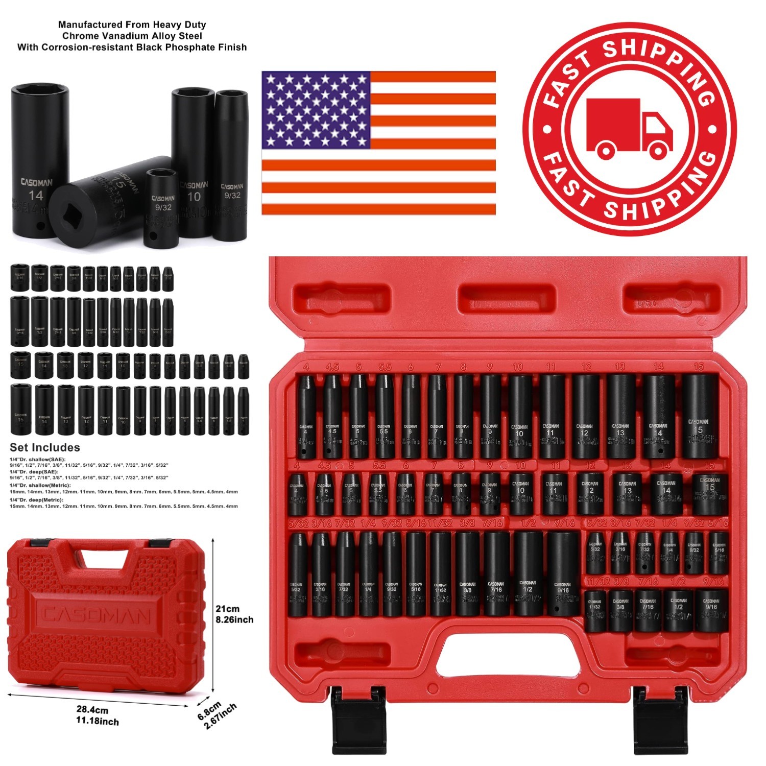 High Visibility Impact Socket Set 1/4 Inch Drive 50 Pieces Chrome Vanadium Steel