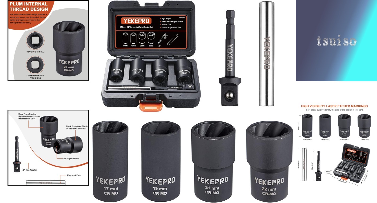 Durable Bolt Extractor Set – 6-Piece 1/2-Inch Drive Lug Nut Remover Kit
