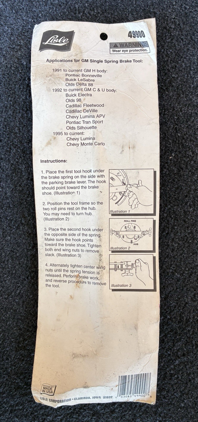 Lisle 49900 GM Single Spring Brake Tool NOS New Old Stock MADE IN USA