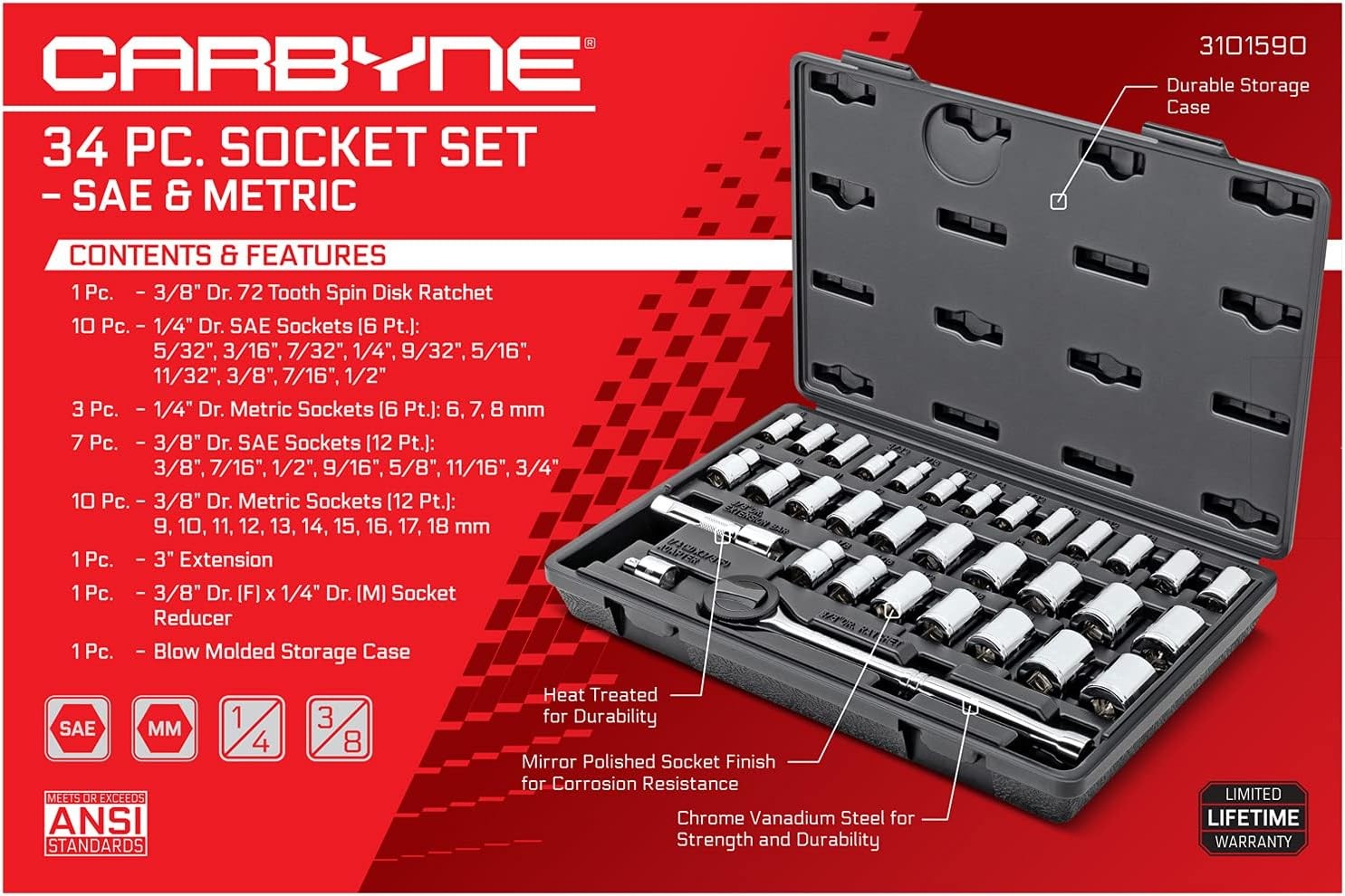 CARBYNE 1/4″ & 3/8″ Drive Socket & Ratchet Set – 34 Piece | SAE & One Size